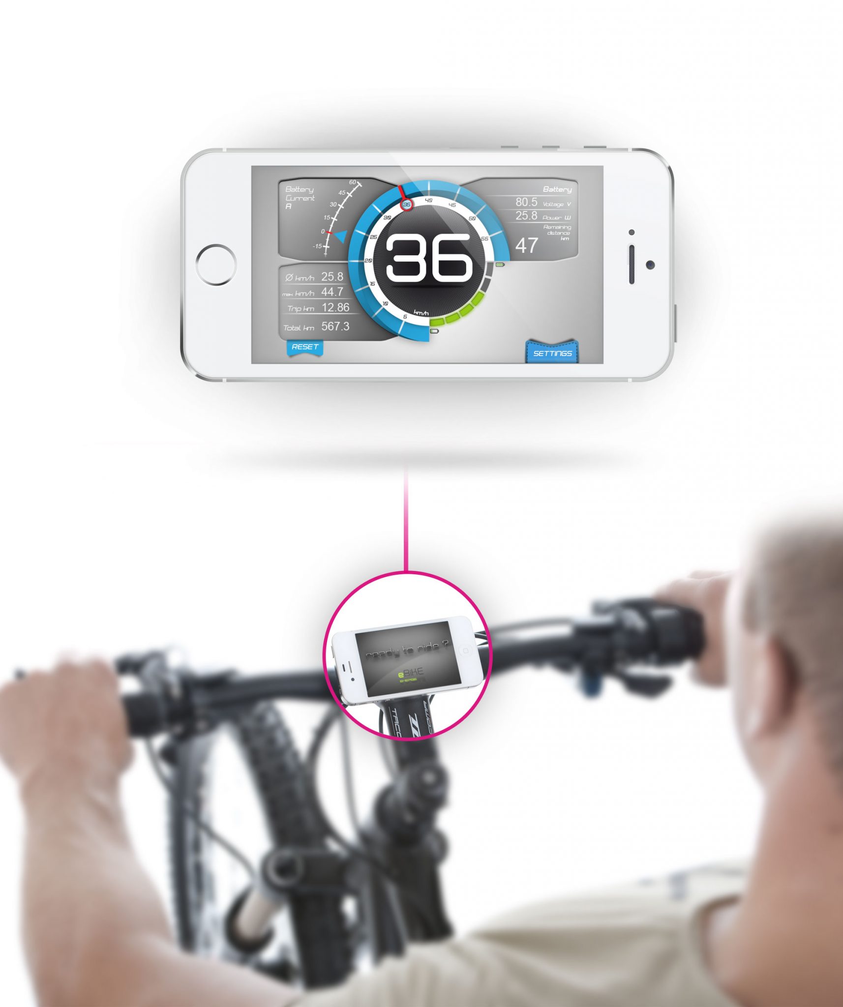 Iphone App von Emerge Engineering und Fahrrad mit Handy und App